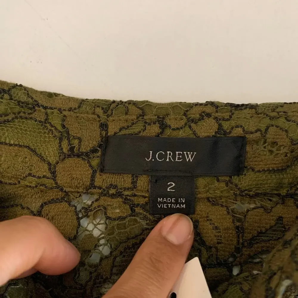 J Crew Top Women 2 Moss Two Piece Classic Fit Button Up Lace Overlay Long Sleeve